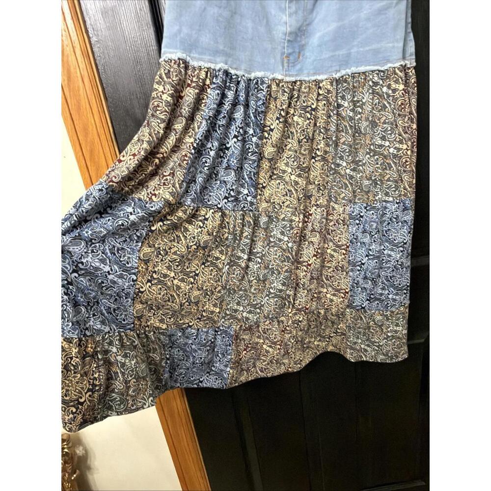 Gypsy Rose Denim & Patchwork Tiered Midi Skirt S/M Boho Cowgirl Festival Flowy - Picture 3 of 6